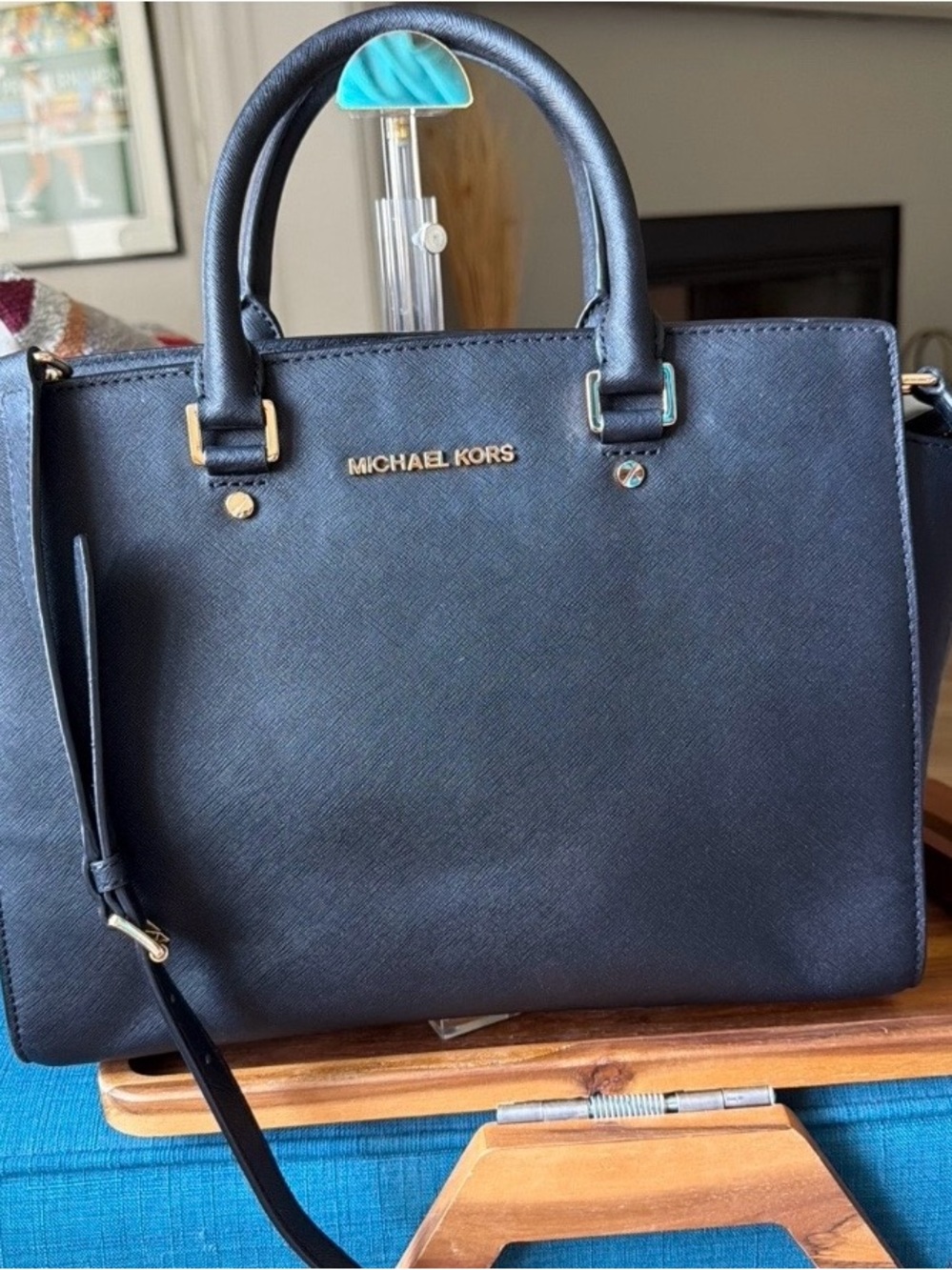 Michael Kors Black Saffiano Leather Large Selma Satchel with Gold Hardware